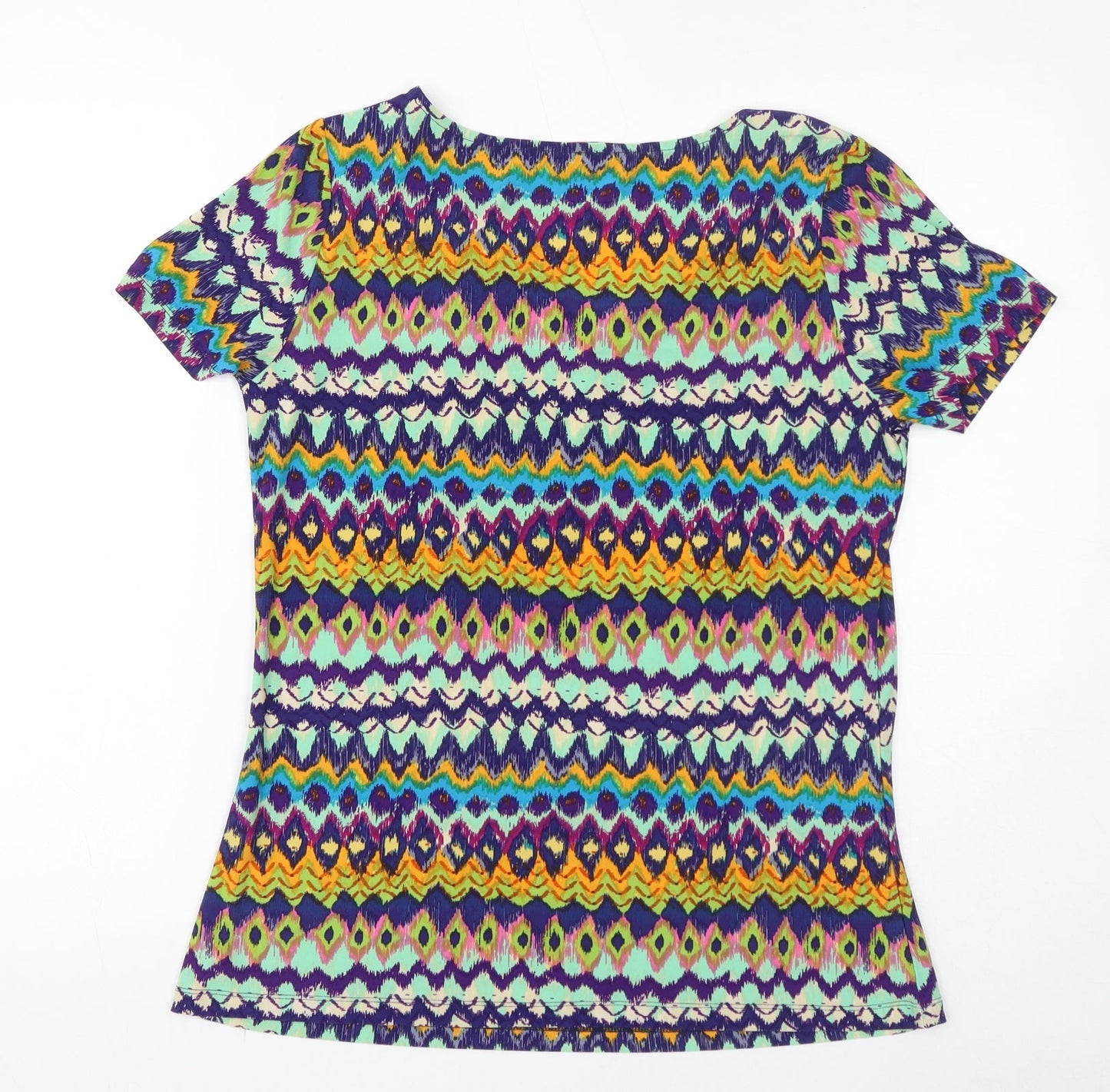 Nina Leonard Womens Multicoloured Geometric Polyester Basic T-Shirt Size L V-Neck