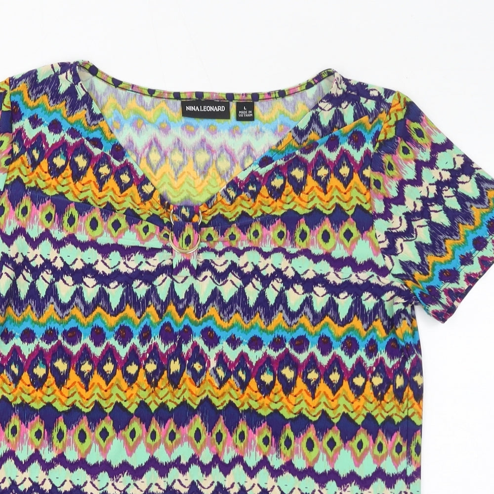 Nina Leonard Womens Multicoloured Geometric Polyester Basic T-Shirt Size L V-Neck
