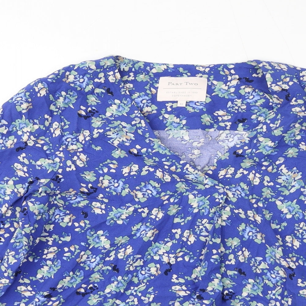 Part Two Womens Blue Floral Viscose Basic Blouse Size 4 V-Neck