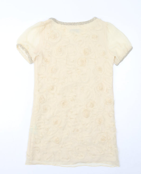 Jovanna London Womens Beige Silk Mini Size 10 Scoop Neck Pullover - Beaded Neckline