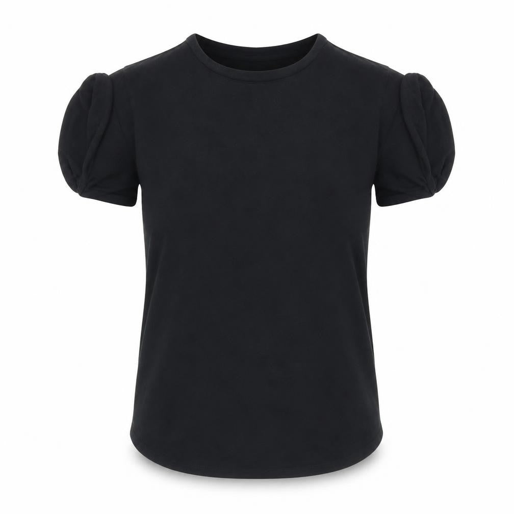 Front view of ASOS women’s black polyester basic t-shirt, size UK 10, round neck