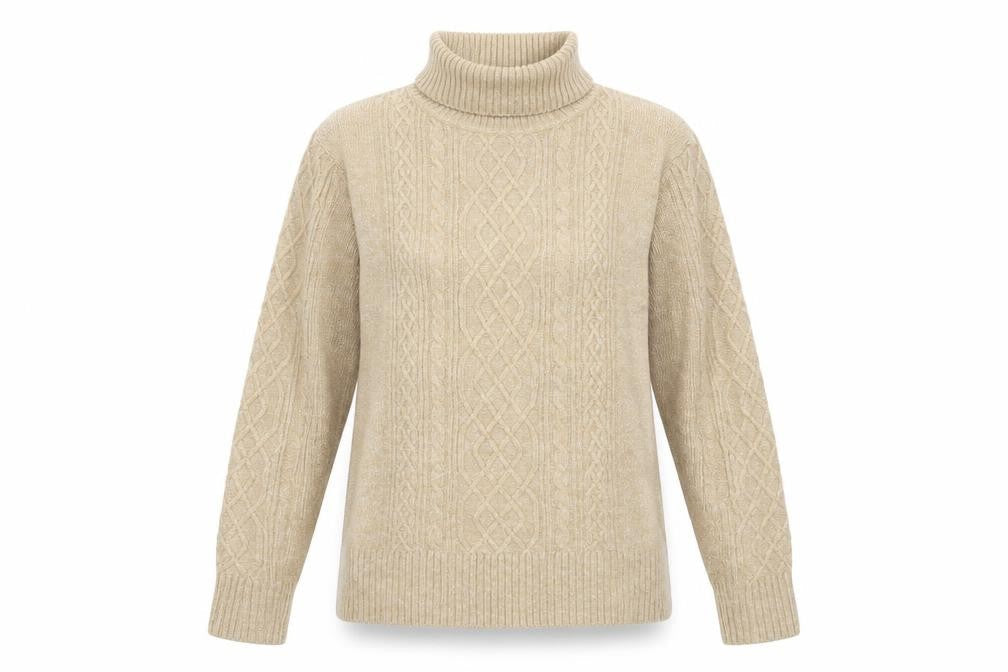 Front view of C&A women’s brown roll neck acrylic jumper, size L