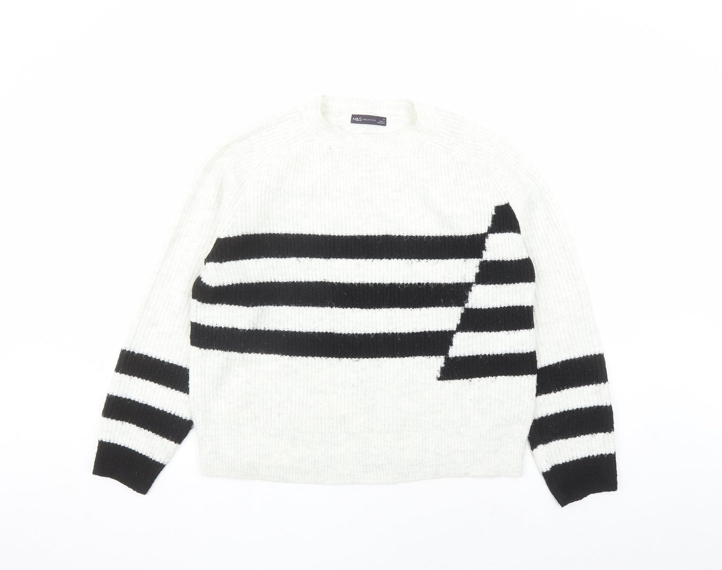 Marks and Spencer Womens Grey Round Neck Striped Acrylic Pullover Jumper Size M