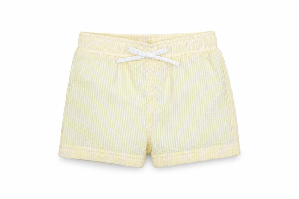 Front view of Marks & Spencer Baby Yellow Striped Cotton Cropped Trousers, size 3-6, Months Drawstring