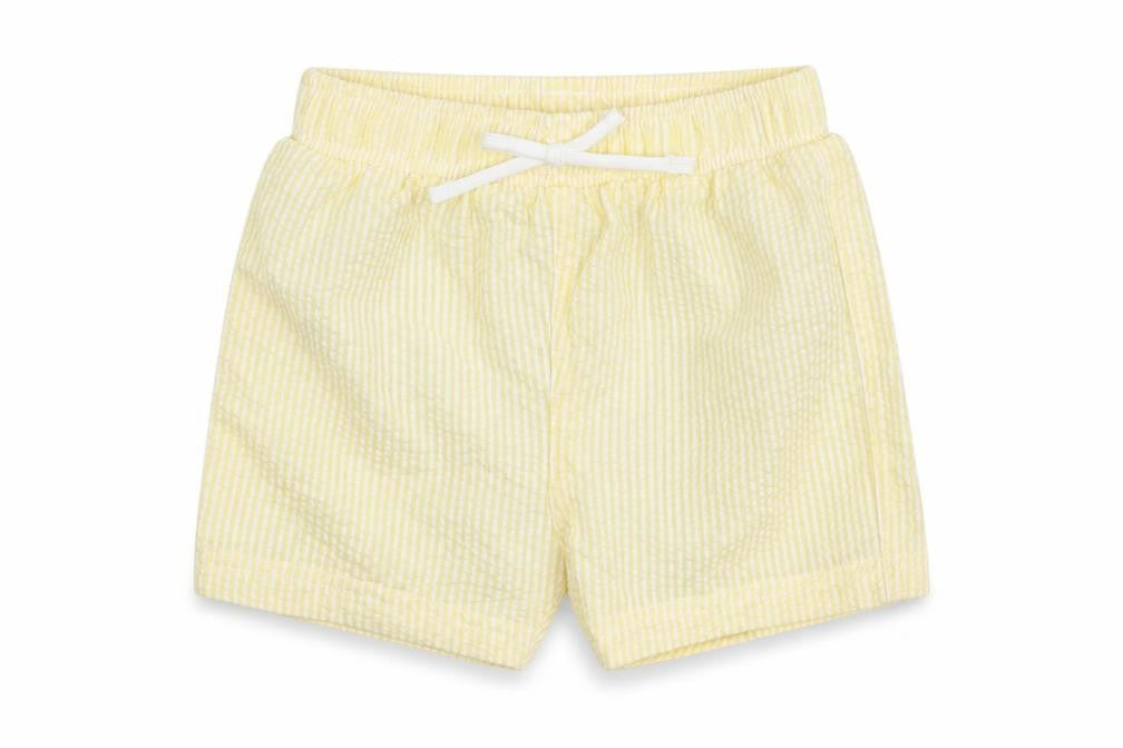 Front view of Marks & Spencer Baby Yellow Striped Cotton Cropped Trousers, size 6-9, Months Drawstring