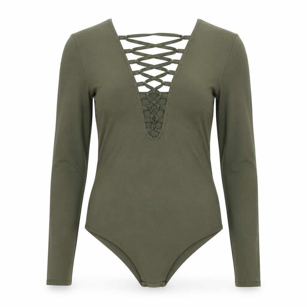 Vera & Lucy Womens Green Polyester Bodysuit One-Piece Size S Snap - Lace Up Front
