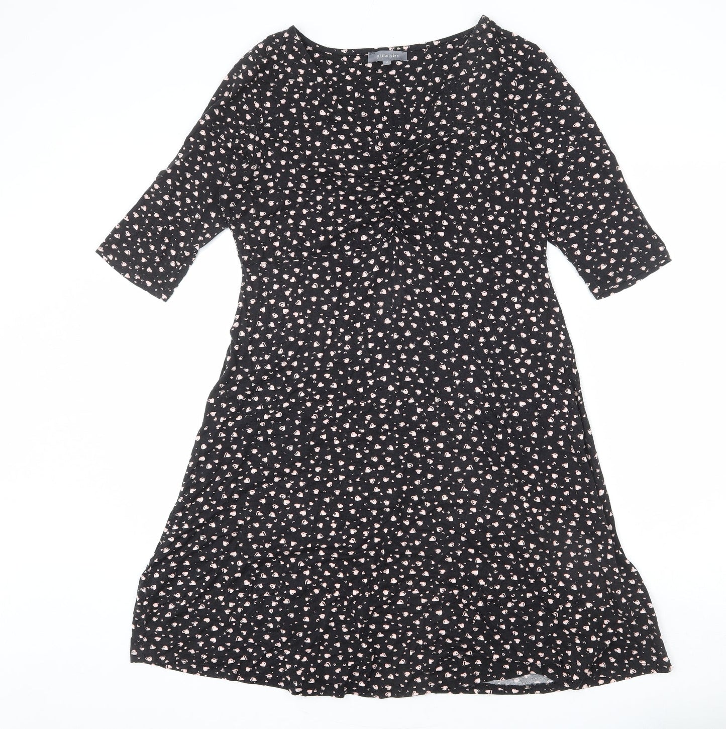 Principles Womens Black Geometric Viscose A-Line Size 14 V-Neck Pullover - Heart Print