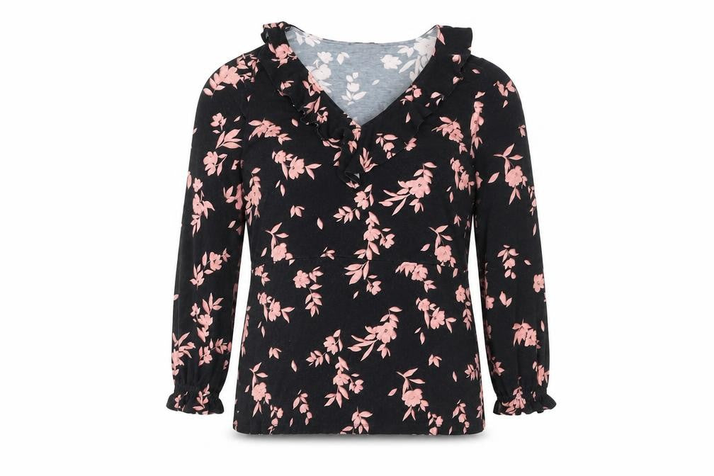 SOSANDAR Womens Black Floral Viscose Basic T-Shirt Size 16 V-Neck - Ruffle Detail