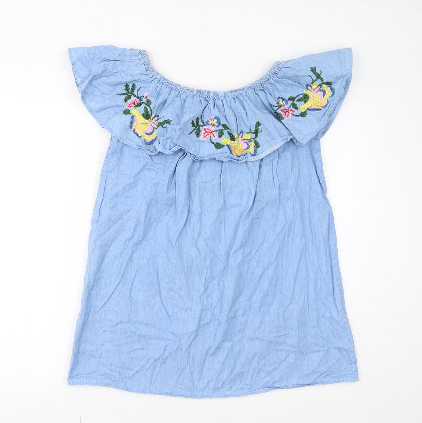 IVIVi Womens Blue 100% Cotton Basic Blouse Size S Round Neck - Size S/M, Floral Embroidery