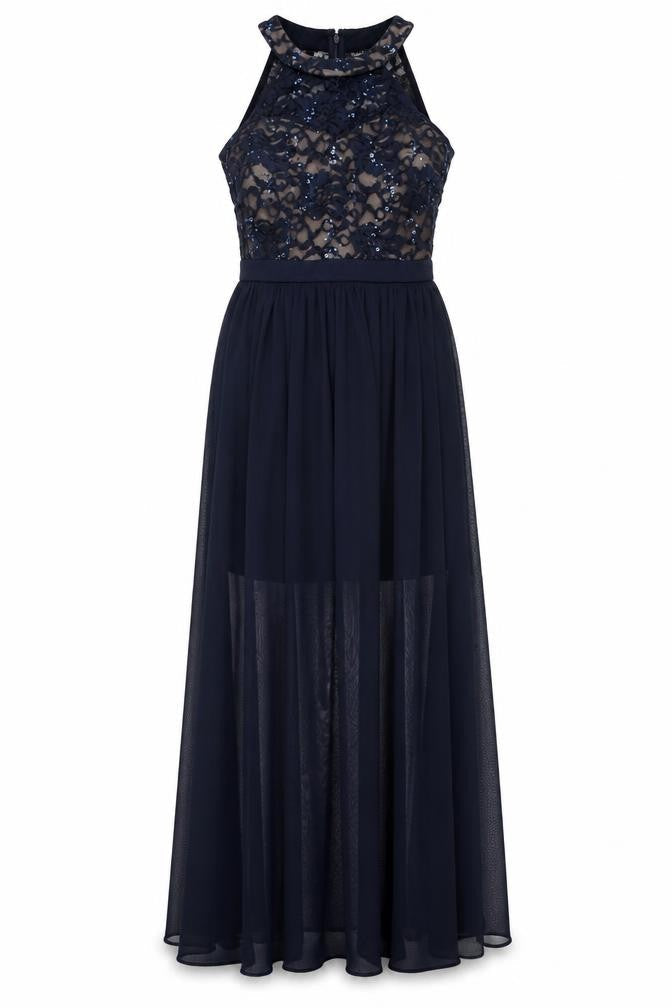 Morgan & Co. Womens Blue Nylon A-Line Size 6 Halter Zip - Sheer, Sequins, Mesh