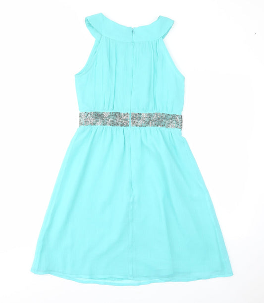 Matthew Williamson Womens Blue Polyester Fit & Flare Size 8 Crew Neck Zip - Pleated, Beaded