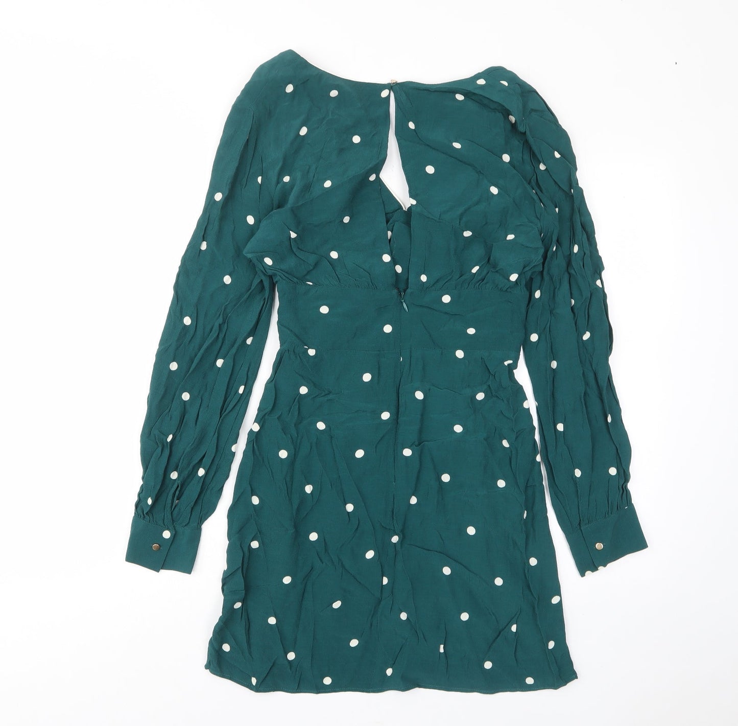 Topshop Womens Green Polka Dot Viscose A-Line Size 10 V-Neck Zip - Pleated, Open back