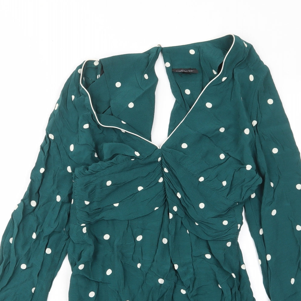 Topshop Womens Green Polka Dot Viscose A-Line Size 10 V-Neck Zip - Pleated, Open back