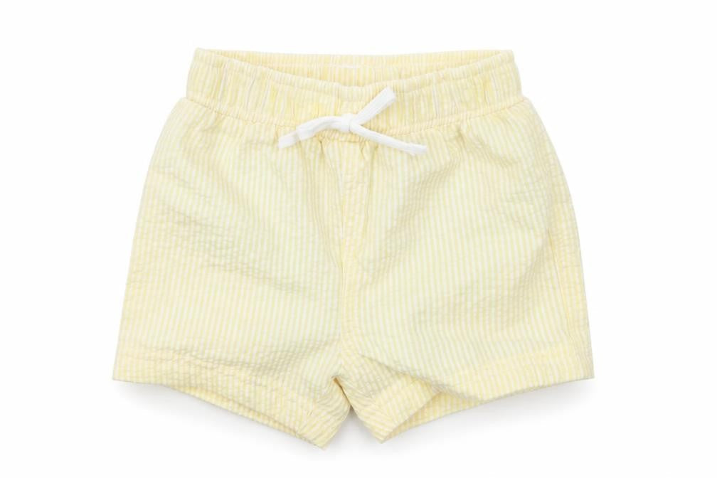 Front view of Marks & Spencer girls’ yellow plaid cotton cropped trousers, size 3-6, months drawstring - elastic waist