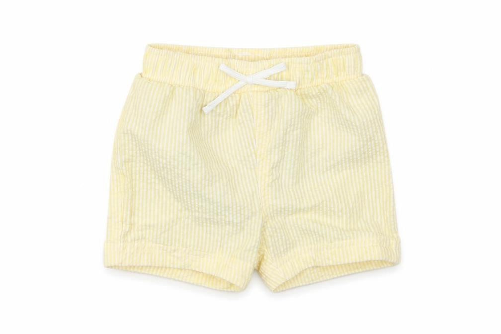 Front view of Marks & Spencer girls’ yellow plaid cotton cropped trousers, size 3-6, months drawstring