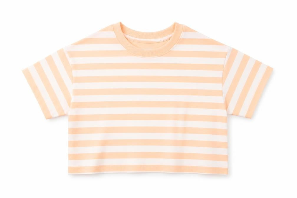 Front view of Marks & Spencer girls’ orange striped cotton cropped t-shirt, size 6-7, years crew neck pullover