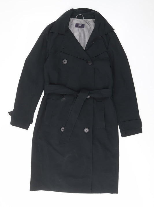 Marks and Spencer Womens Black Overcoat Jacket Size 8 Button - Pockets, Belted
