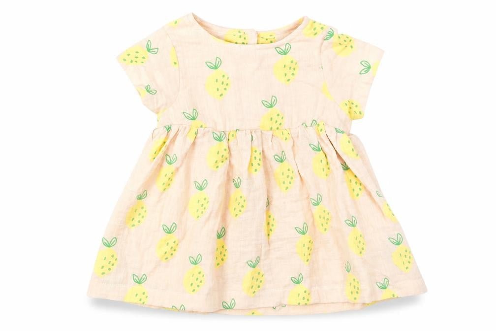 Front view of Marks & Spencer girls’ beige geometric cotton a-line, size 0-3, months crew neck button - lemon print