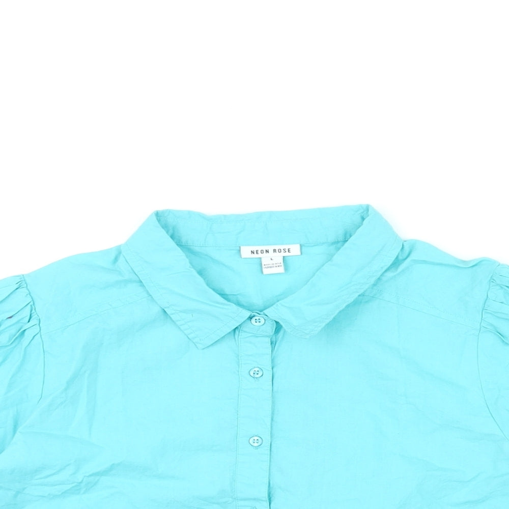 Neon Rose Womens Blue Cotton Cropped Blouse Size L Collared