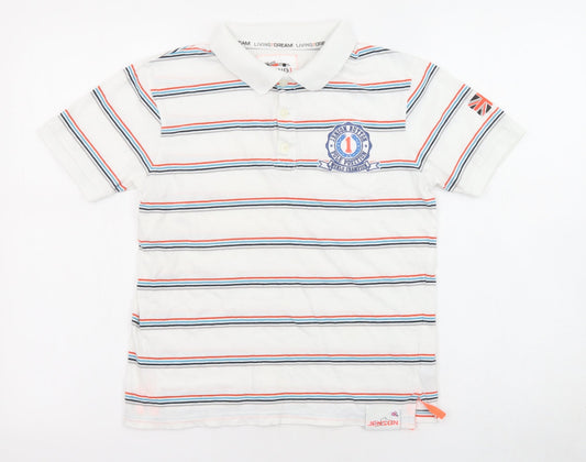 Marks and Spencer Boys White Striped Cotton Basic Polo Size 9-10 Years Collared Button