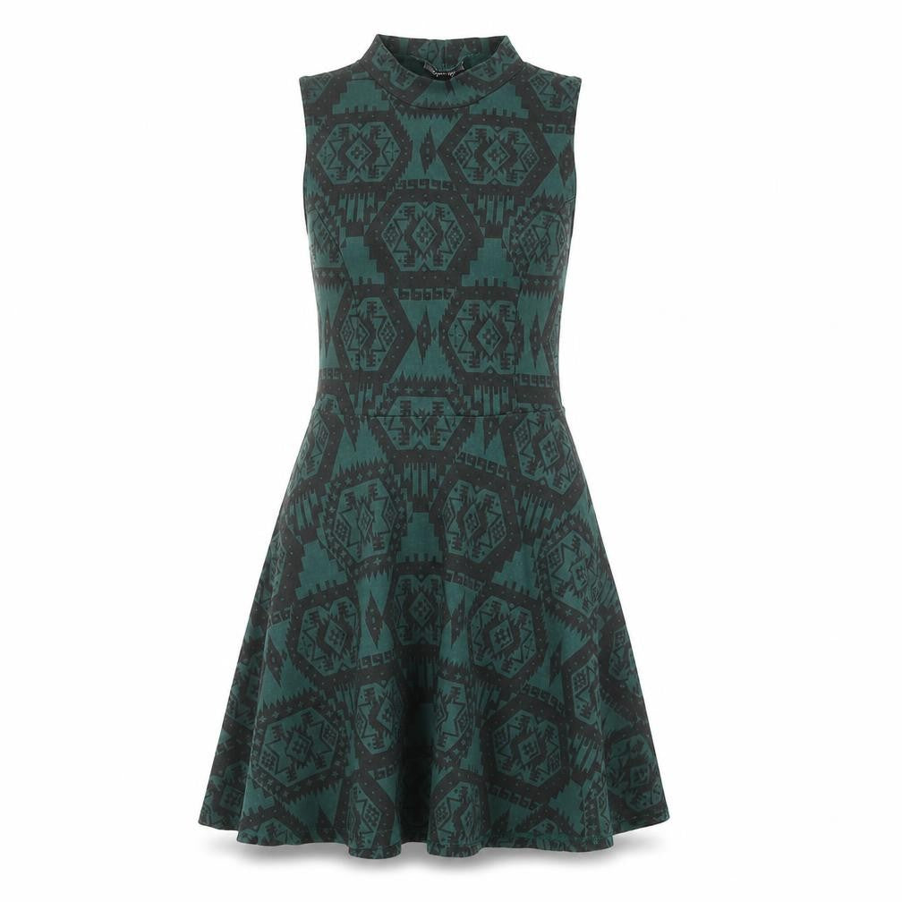 Topshop Womens Green Geometric Cotton Fit & Flare Size 10 Halter Pullover