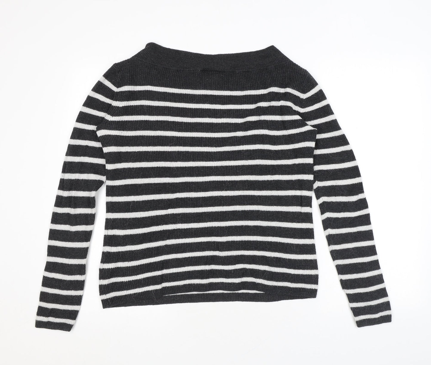 H&M Womens Grey Square Neck Striped Cotton Pullover Jumper Size M