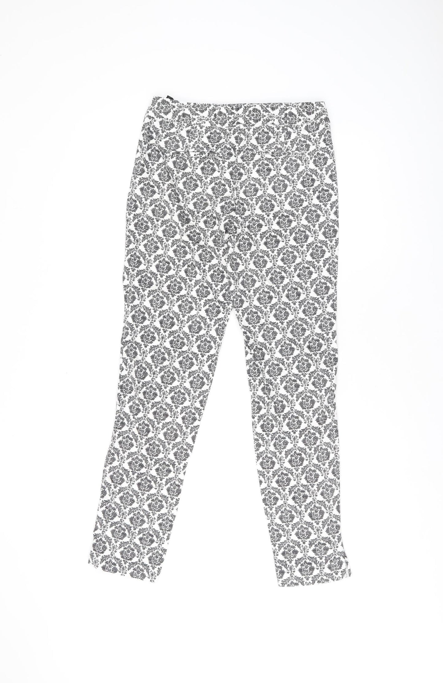 Warehouse Womens Black Geometric Cotton Trousers Size 6 L26.5 in Regular Zip