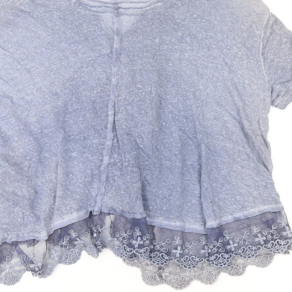 FREC Sabatier Womens Blue Linen Basic Blouse Size 12 V-Neck - Mesh Detail