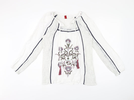 Palmer Heritage Womens White Floral Viscose Basic Blouse Size 12 Round Neck - Lace Detail, Embroidered, Tasselled