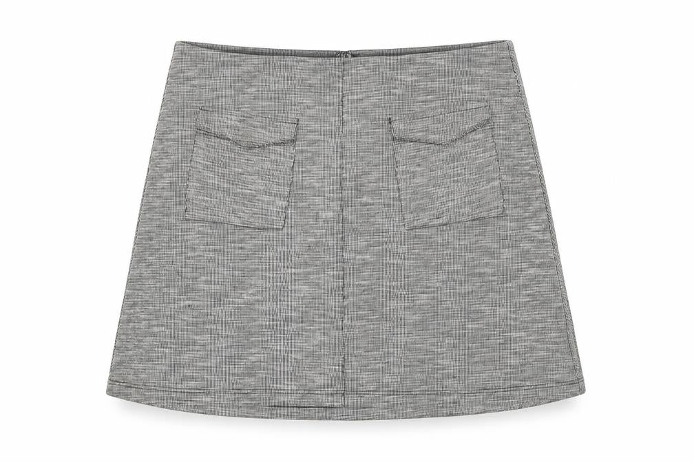 Front view of Miss Selfridge women’s grey polyester a-line skirt, size UK 14, zip