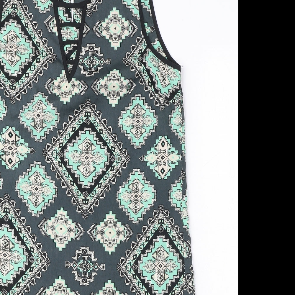 Red Herring Womens Blue Geometric Polyester Tank Dress Size 12 Round Neck Button - Keyhole Neck