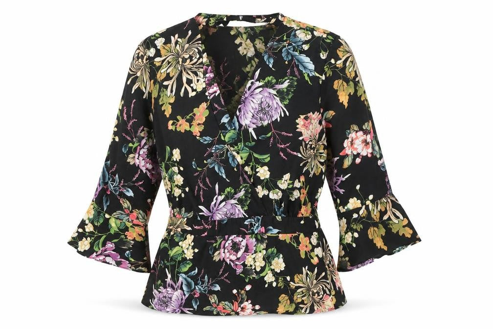 Very Womens Black Floral Polyester Wrap Blouse Size 16 V-Neck - Neck Choker Detail