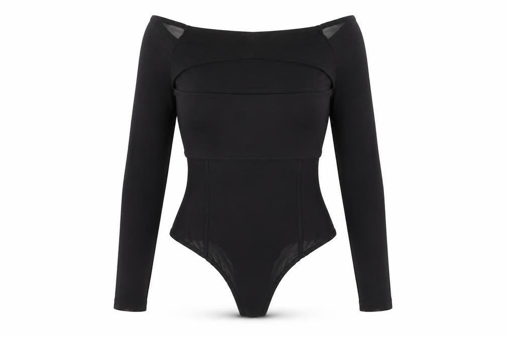 Front view of ASOS women’s black polyester bodysuit one-piece, size UK 10, snap - cut out detail