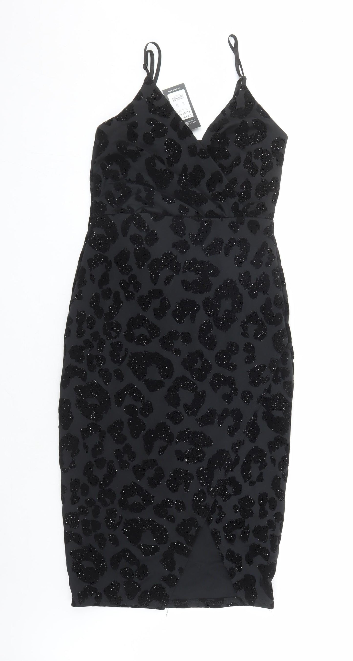 New Look Womens Black Animal Print Polyester Bodycon Size 8 V-Neck Pullover - Leopard Pattern