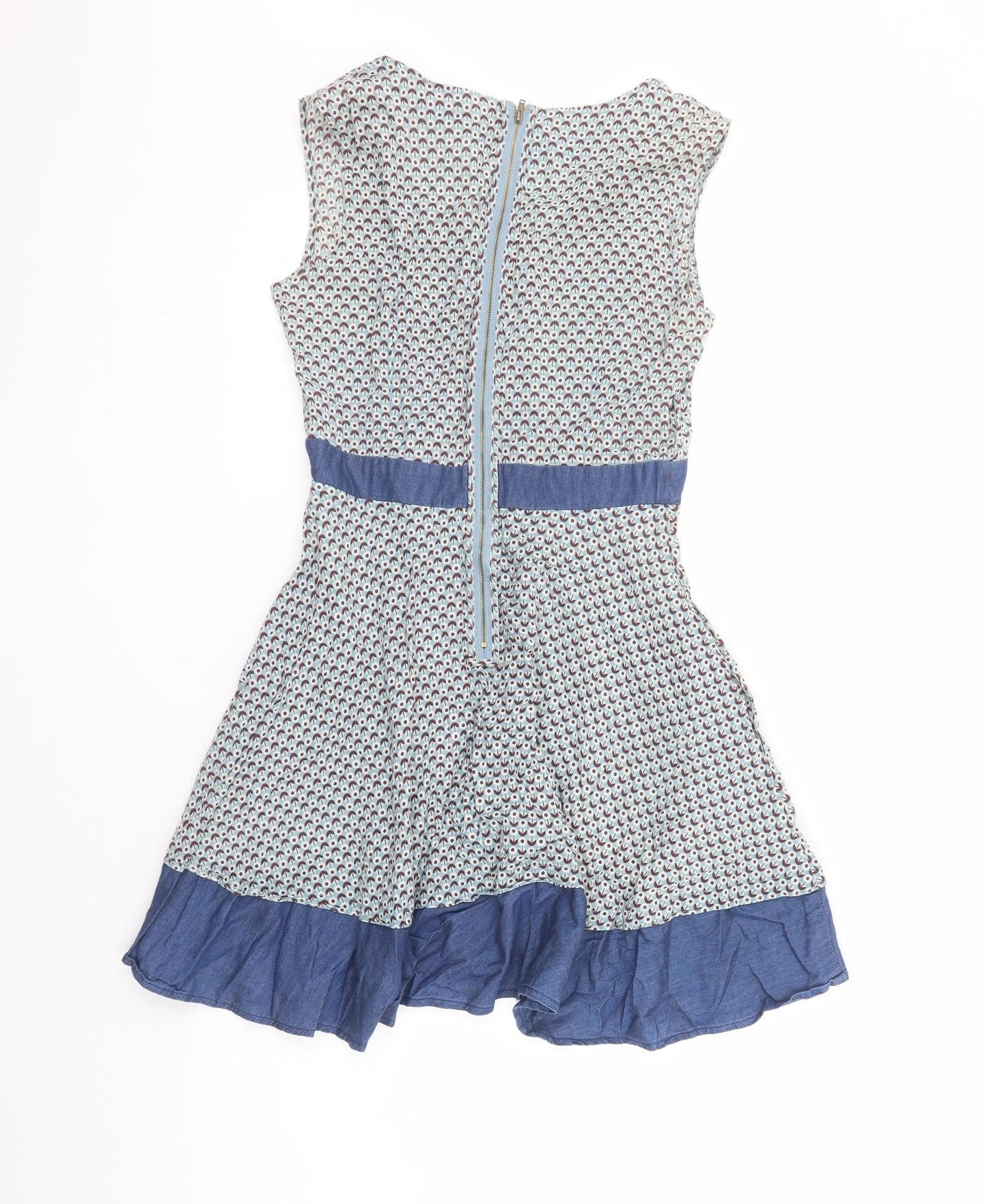 Louche Womens Blue Geometric Cotton Fit & Flare Size L Round Neck Zip