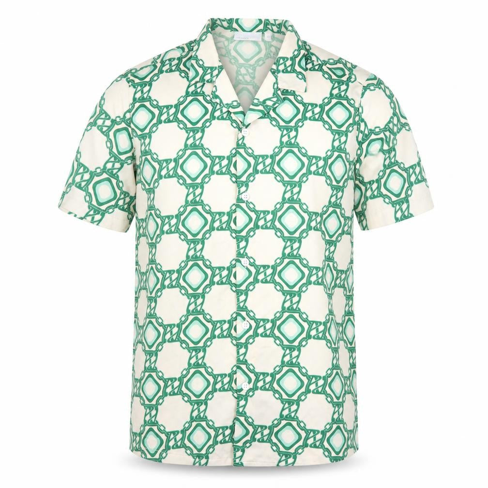 ASOS Mens Green Geometric Polyester Button-Up Size S Collared Button