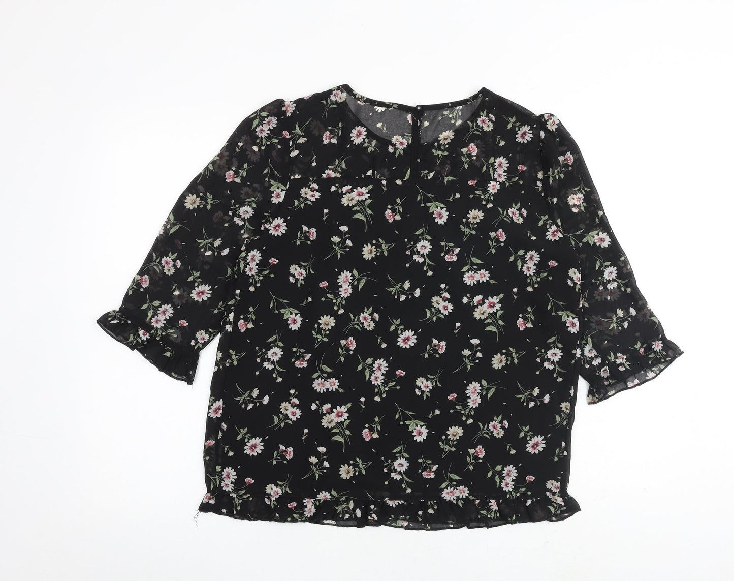 Allegra K Womens Black Floral Polyester Basic Blouse Size S Round Neck