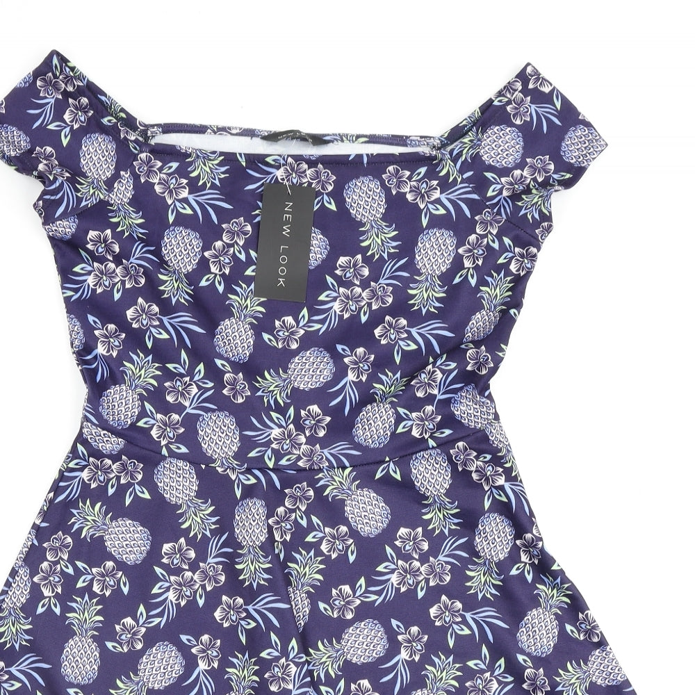 New Look Womens Purple Floral Polyester A-Line Size 10 Off the Shoulder Pullover