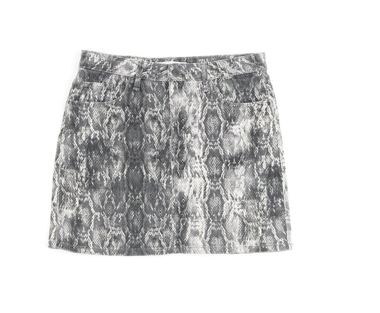 Zara Womens Grey Animal Print Cotton A-Line Skirt Size M Zip