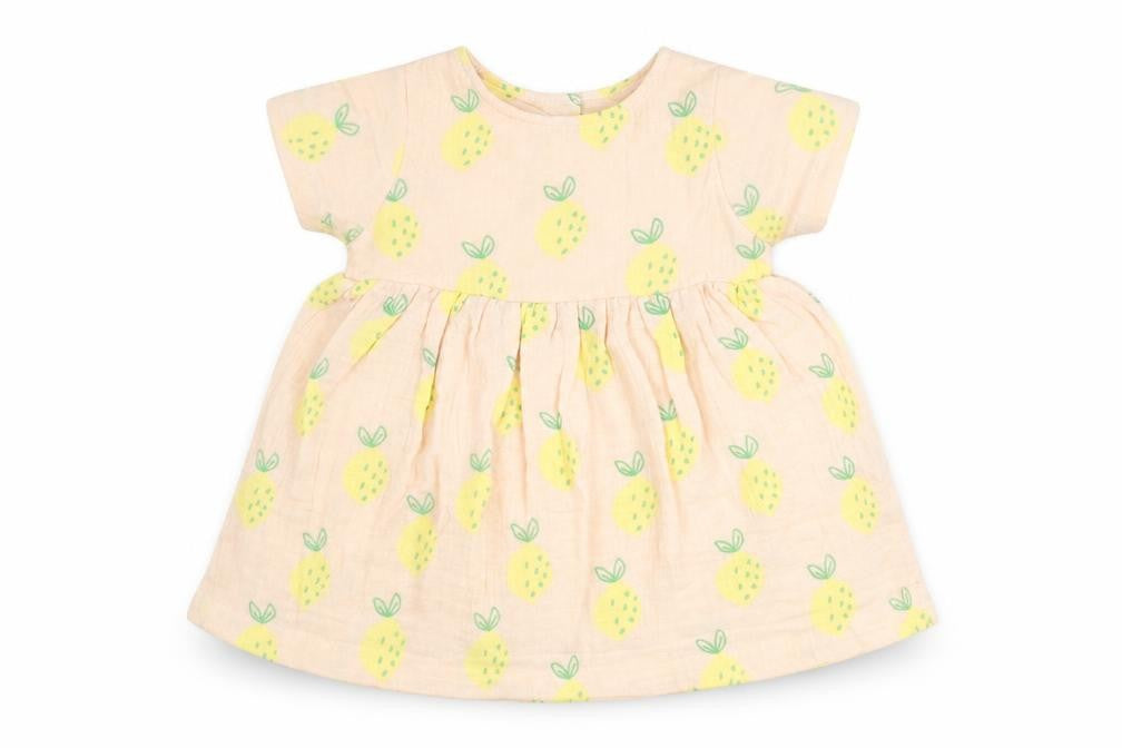 Front view of Marks & Spencer girls’ pink geometric cotton a-line, size 3-6, months round neck button - pinapple