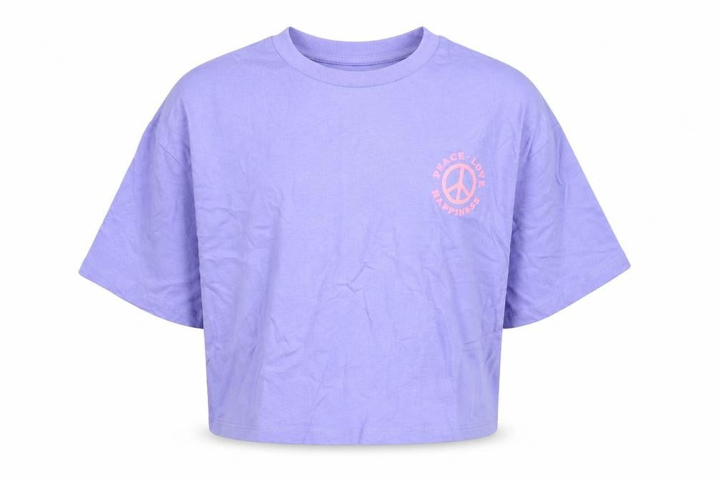 Front view of Marks & Spencer girls’ purple cotton cropped t-shirt, size 7-8, years crew neck pullover - peace love happiness