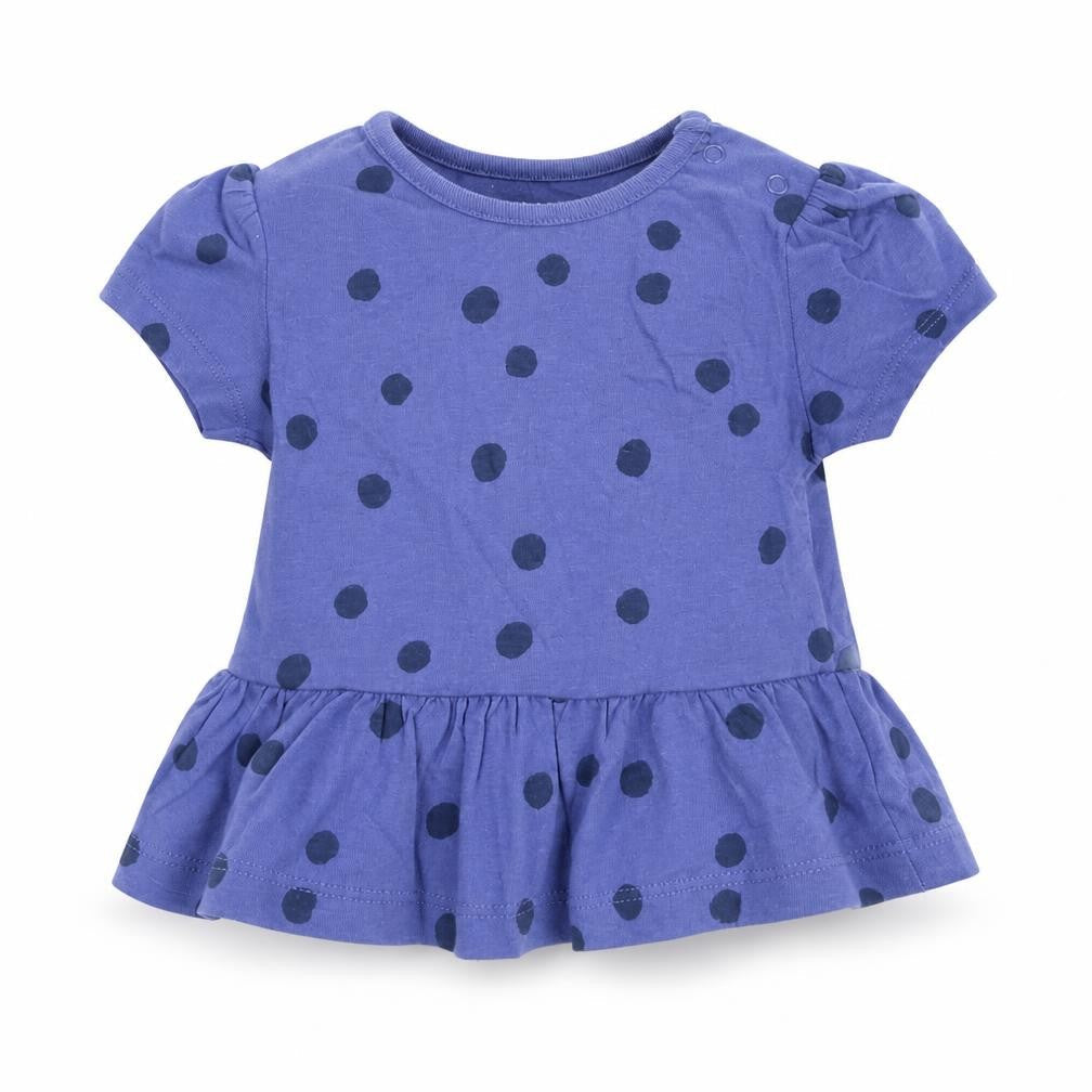 Front view of Marks & Spencer girls’ blue polka dot cotton basic t-shirt, size 3-6, months round neck snap - peplum
