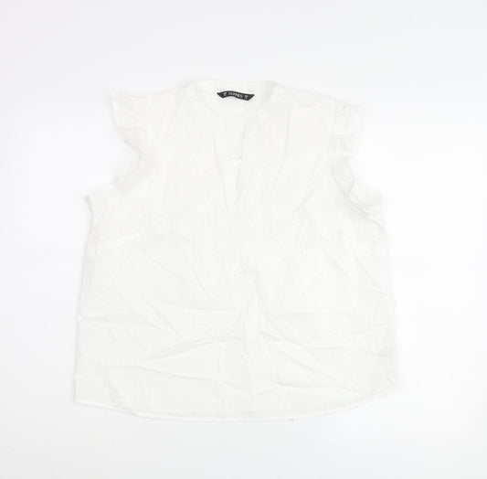 Dunnes Stores Womens White Cotton Basic Blouse Size M V-Neck - Floral Embroidery