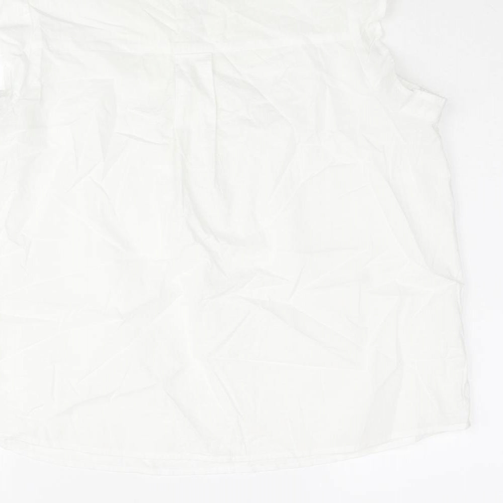 Dunnes Stores Womens White Cotton Basic Blouse Size M V-Neck - Floral Embroidery