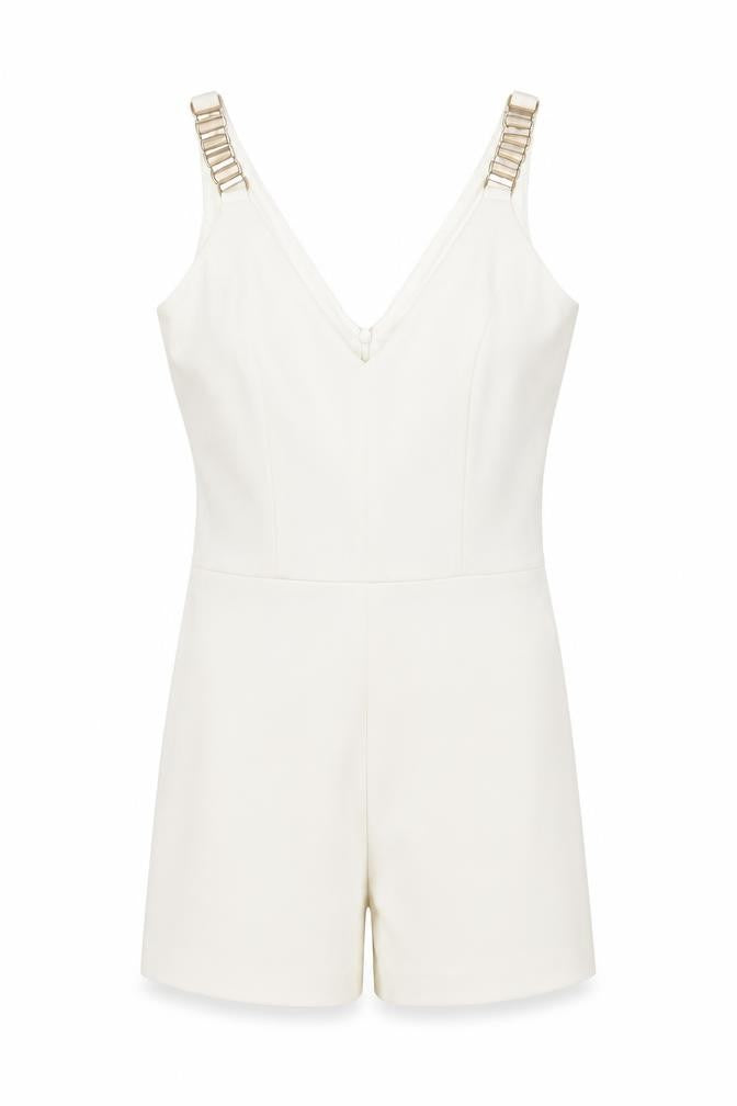 Front view of Miss Selfridge women’s white polyester romper one-piece, size UK 6, zip - chain strap
