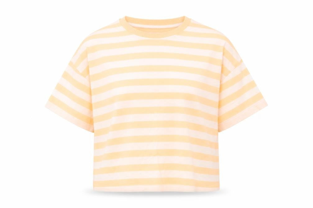 Front view of Marks & Spencer girls’ orange striped cotton cropped t-shirt, size 10-11, years round neck pullover
