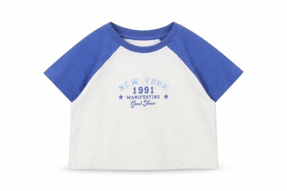 Front view of Marks & Spencer girls’ white cotton cropped t-shirt, years round neck pullover - new york, manifesting a good