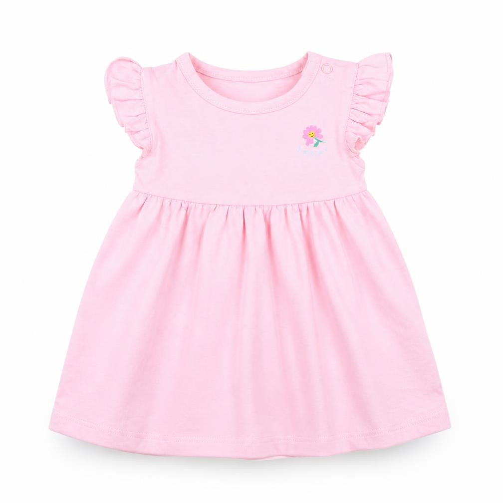 Front view of Marks & Spencer girls’ pink 100% cotton a-line, size 3-6, months round neck snap - ruffle detail, happy, flower