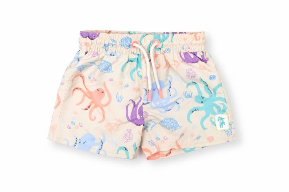 Front view of Marks & Spencer boys’ beige geometric polyester cropped trousers, months drawstring - octopus, swim shorts