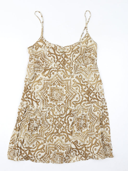 United Colors of Benetton Womens Brown Geometric Cotton Basic Tank Size M Round Neck